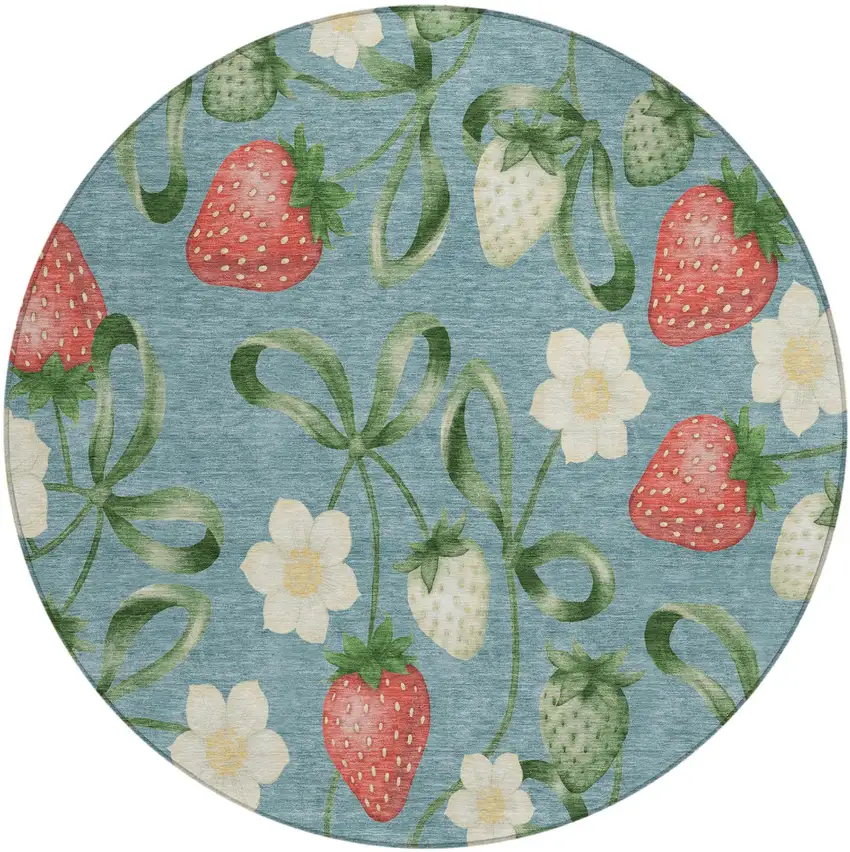 8' Teal Blue And Green Round Floral Washable Indoor Outdoor Area Rug Photo 2