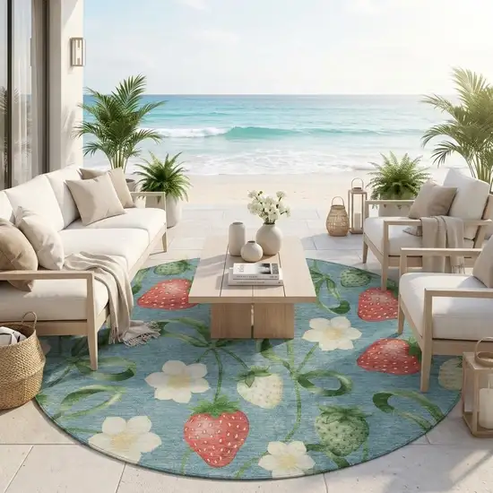 8' Teal Blue And Green Round Floral Washable Indoor Outdoor Area Rug Photo 1