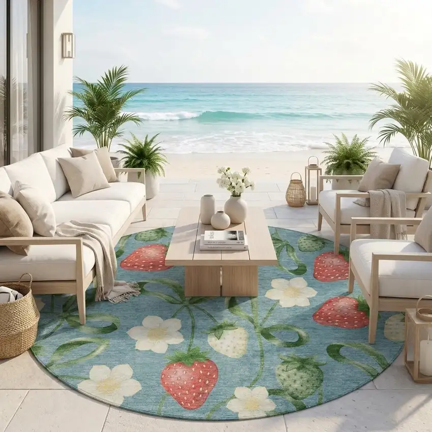 8' Teal Blue And Green Round Floral Washable Indoor Outdoor Area Rug Photo 1