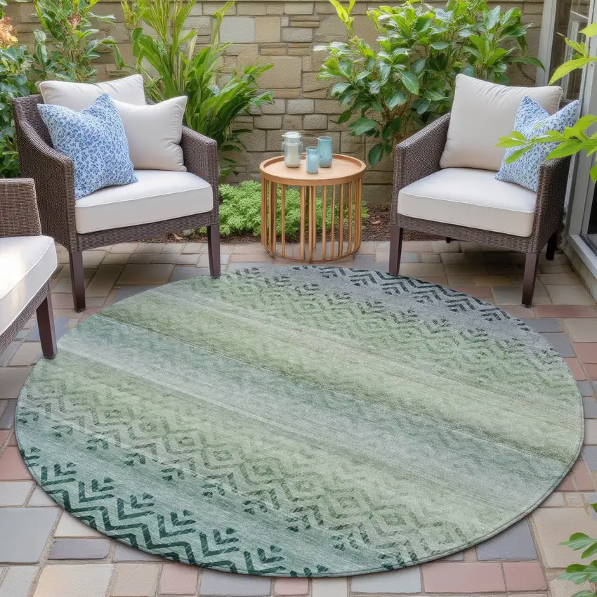 8' Teal Blue And Green Round Geometric Washable Indoor Outdoor Area Rug Photo 5