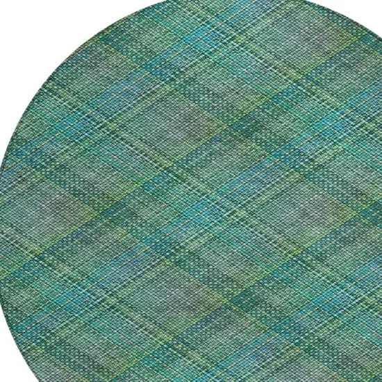 8' Teal Blue And Green Round Plaid Washable Indoor Outdoor Area Rug Photo 7