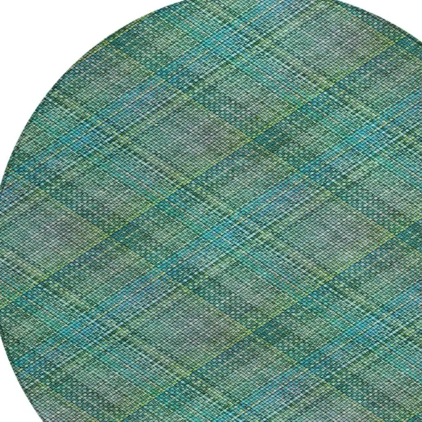 8' Teal Blue And Green Round Plaid Washable Indoor Outdoor Area Rug Photo 7