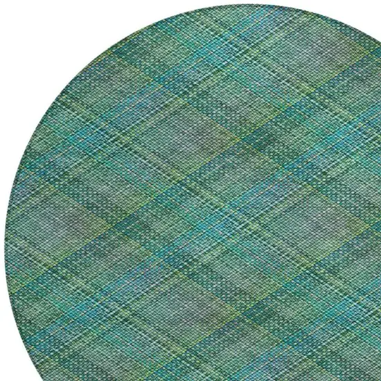 8' Teal Blue And Green Round Plaid Washable Indoor Outdoor Area Rug Photo 5