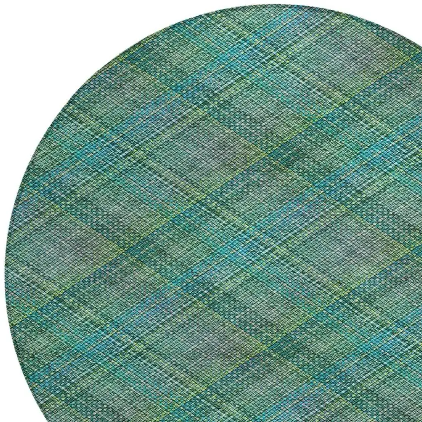 8' Teal Blue And Green Round Plaid Washable Indoor Outdoor Area Rug Photo 5