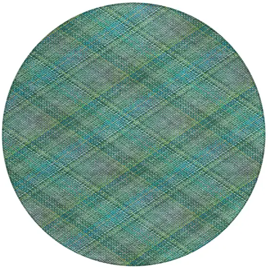 8' Teal Blue And Green Round Plaid Washable Indoor Outdoor Area Rug Photo 1