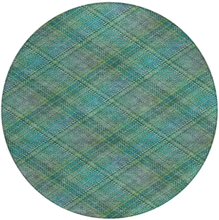 8' Teal Blue And Green Round Plaid Washable Indoor Outdoor Area Rug Photo 1