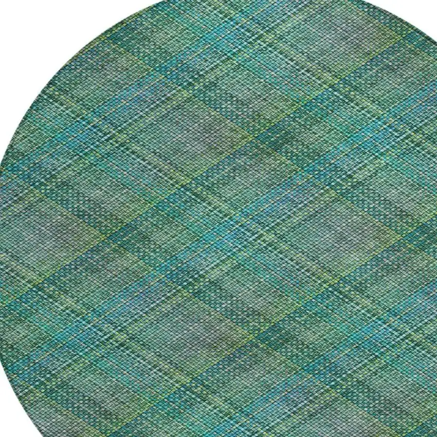 8' Teal Blue And Green Round Plaid Washable Indoor Outdoor Area Rug Photo 4