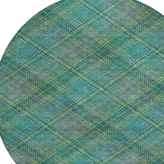 8' Teal Blue And Green Round Plaid Washable Indoor Outdoor Area Rug Photo 6