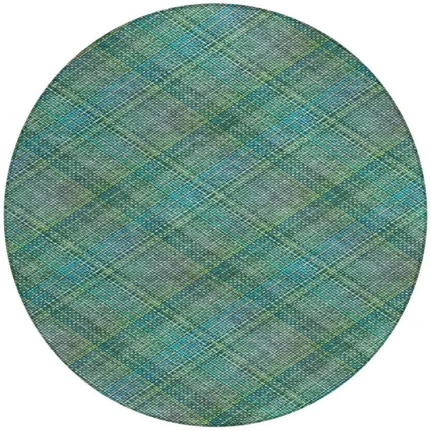 8' Teal Blue And Green Round Plaid Washable Indoor Outdoor Area Rug Photo 2