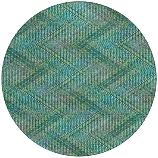 8' Teal Blue And Green Round Plaid Washable Indoor Outdoor Area Rug Photo 3