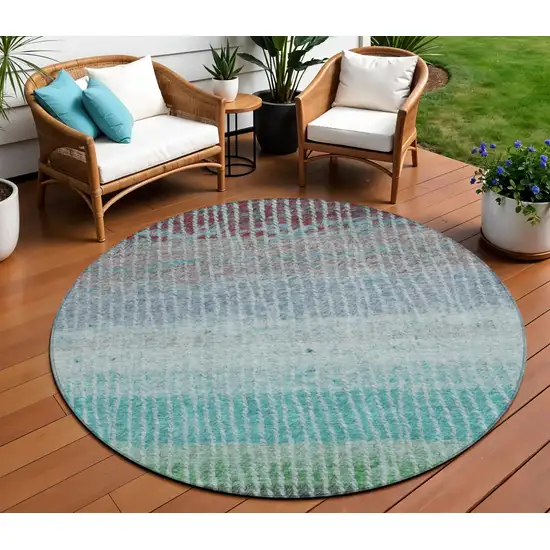 8' Teal Blue And Green Round Striped Washable Indoor Outdoor Area Rug Photo 1