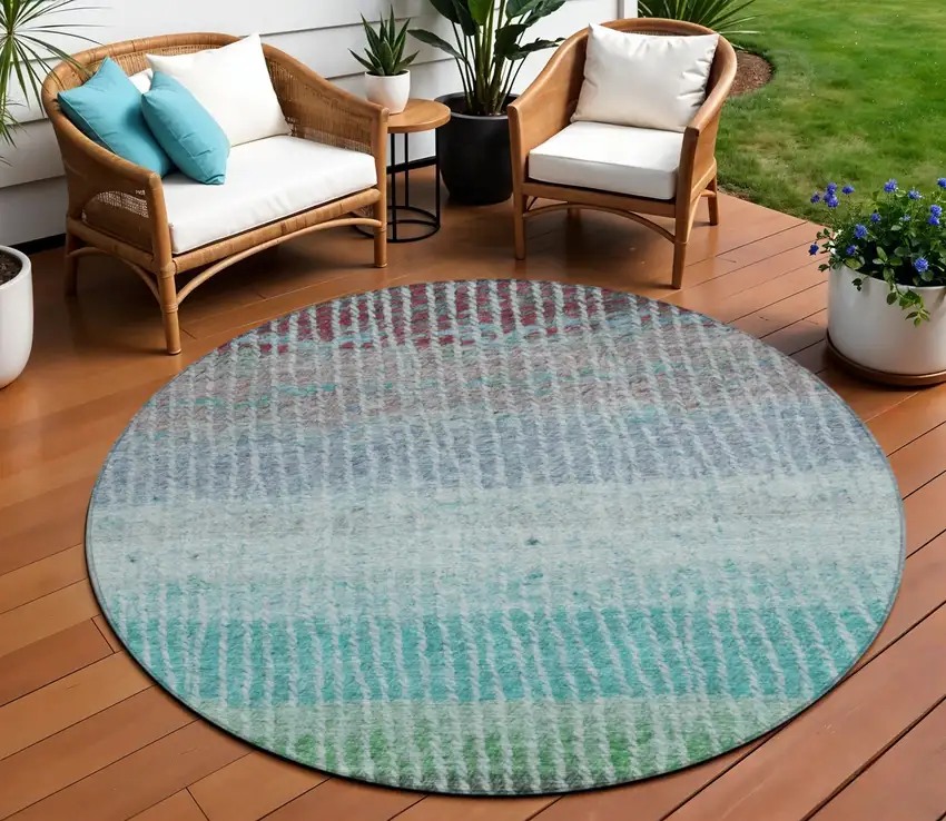 8' Teal Blue And Green Round Striped Washable Indoor Outdoor Area Rug Photo 1