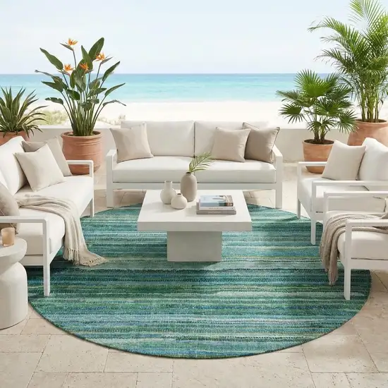8' Teal Blue And Green Round Striped Washable Indoor Outdoor Area Rug Photo 1