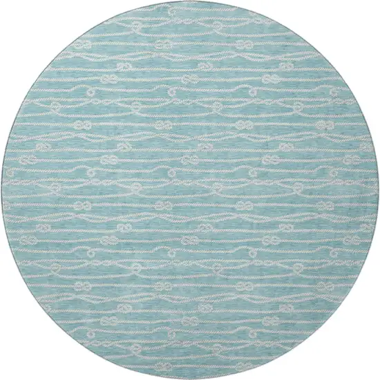 8' Teal Blue And Ivory Nautical Washable Round Rug With UV Protection Photo 4
