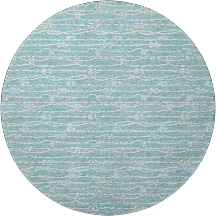 8' Teal Blue And Ivory Nautical Washable Round Rug With UV Protection Photo 4