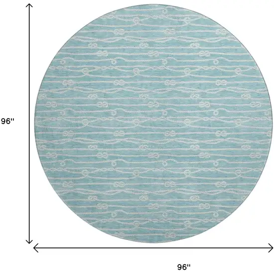 8' Teal Blue And Ivory Nautical Washable Round Rug With UV Protection Photo 3