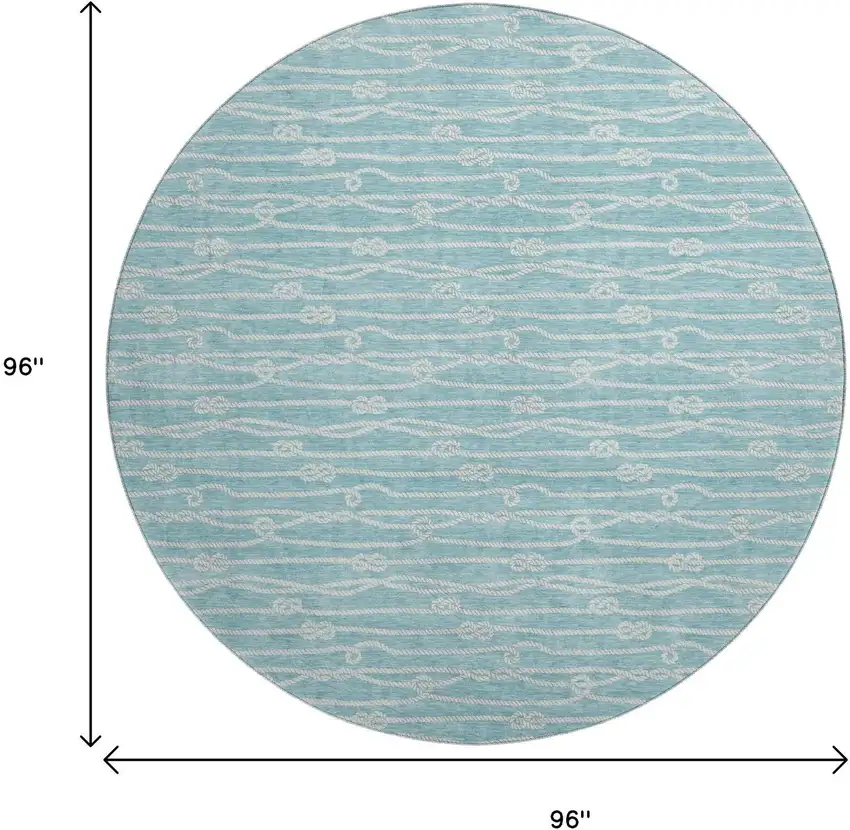 8' Teal Blue And Ivory Nautical Washable Round Rug With UV Protection Photo 3