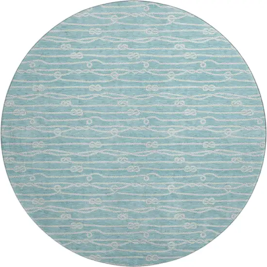 8' Teal Blue And Ivory Nautical Washable Round Rug With UV Protection Photo 2