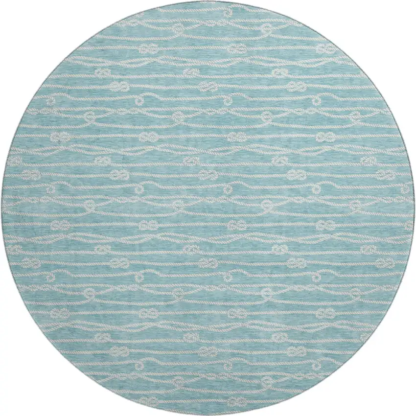 8' Teal Blue And Ivory Nautical Washable Round Rug With UV Protection Photo 2