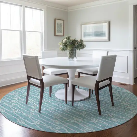 8' Teal Blue And Ivory Nautical Washable Round Rug With UV Protection Photo 5