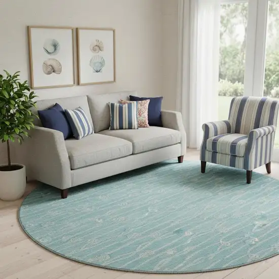 8' Teal Blue And Ivory Nautical Washable Round Rug With UV Protection Photo 1