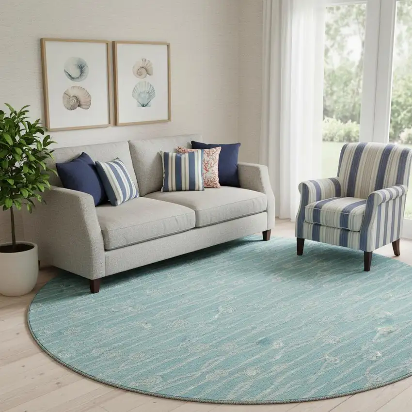 8' Teal Blue And Ivory Nautical Washable Round Rug With UV Protection Photo 1