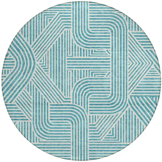 8' Teal Blue And Ivory Round Abstract Washable Indoor Outdoor Area Rug Photo 4