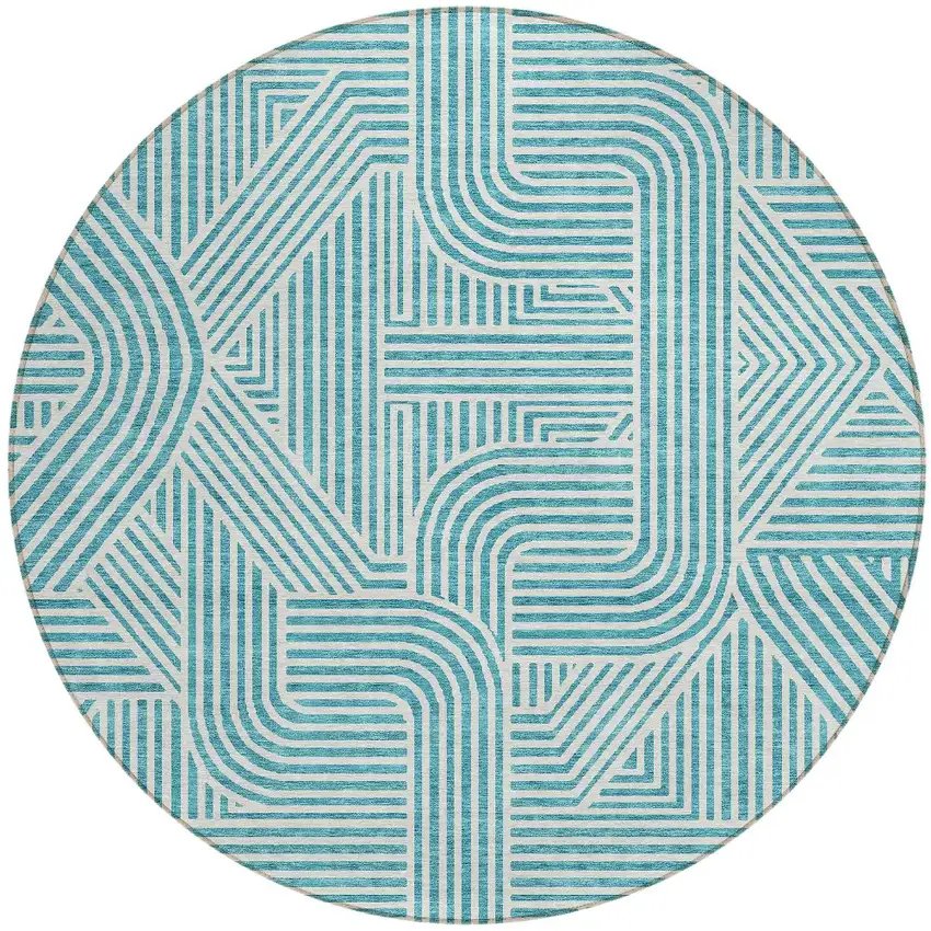 8' Teal Blue And Ivory Round Abstract Washable Indoor Outdoor Area Rug Photo 4