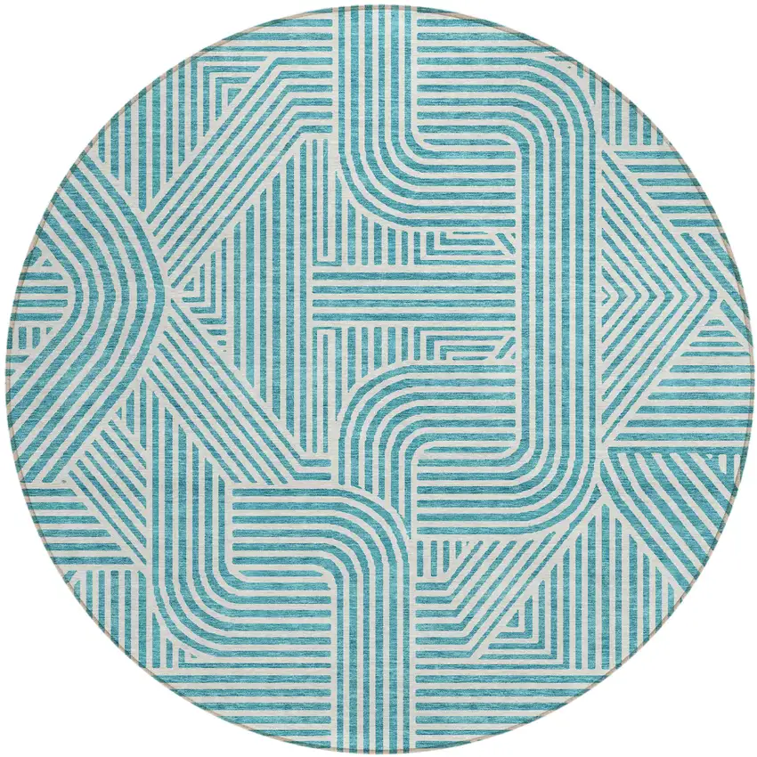 8' Teal Blue And Ivory Round Abstract Washable Indoor Outdoor Area Rug Photo 2