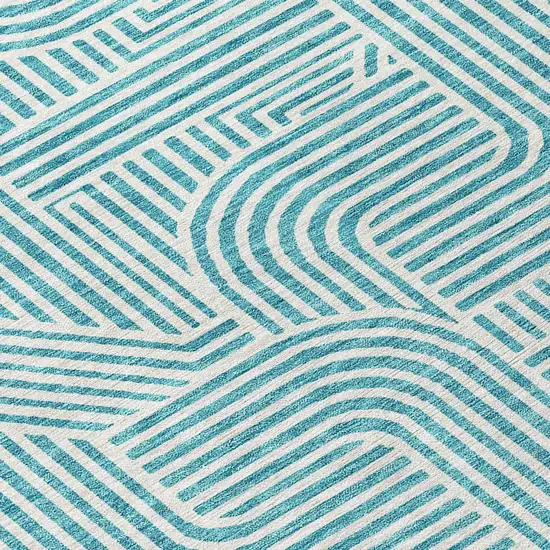 8' Teal Blue And Ivory Round Abstract Washable Indoor Outdoor Area Rug Photo 8