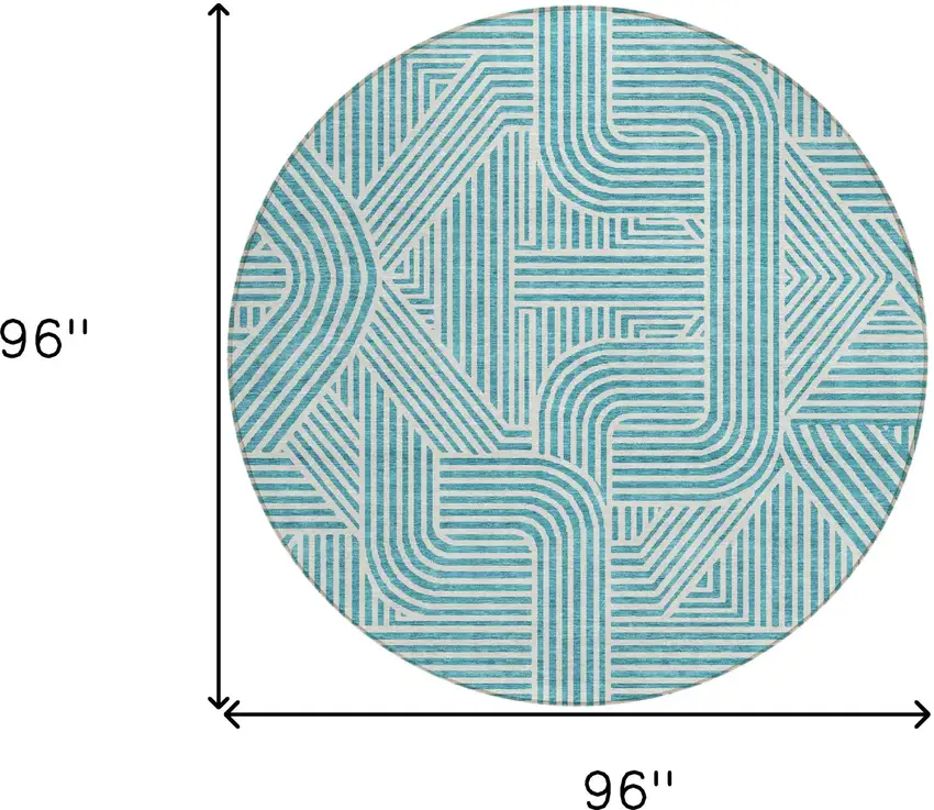 8' Teal Blue And Ivory Round Abstract Washable Indoor Outdoor Area Rug Photo 3