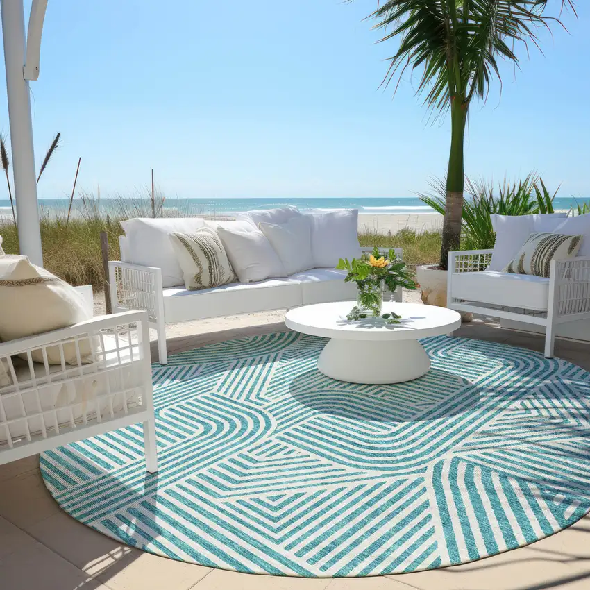 8' Teal Blue And Ivory Round Abstract Washable Indoor Outdoor Area Rug Photo 6