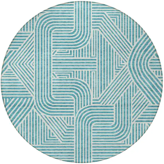 8' Teal Blue And Ivory Round Abstract Washable Indoor Outdoor Area Rug Photo 5