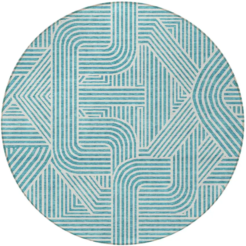 8' Teal Blue And Ivory Round Abstract Washable Indoor Outdoor Area Rug Photo 5