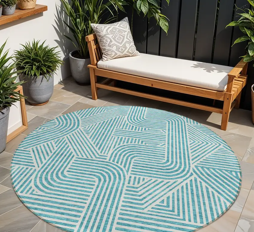 8' Teal Blue And Ivory Round Abstract Washable Indoor Outdoor Area Rug Photo 1
