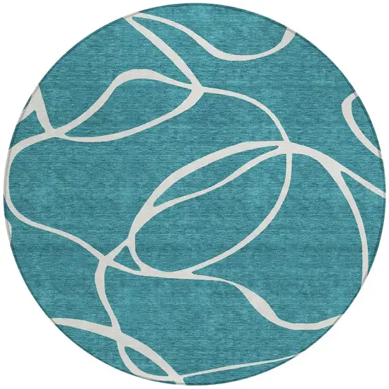 8' Teal Blue And Ivory Round Abstract Washable Indoor Outdoor Area Rug Photo 6