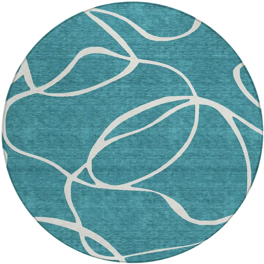 8' Teal Blue And Ivory Round Abstract Washable Indoor Outdoor Area Rug Photo 2