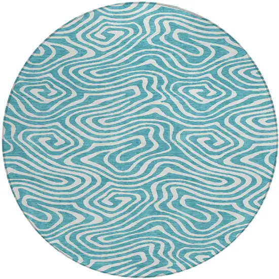 8' Teal Blue And Ivory Round Abstract Washable Indoor Outdoor Area Rug Photo 2