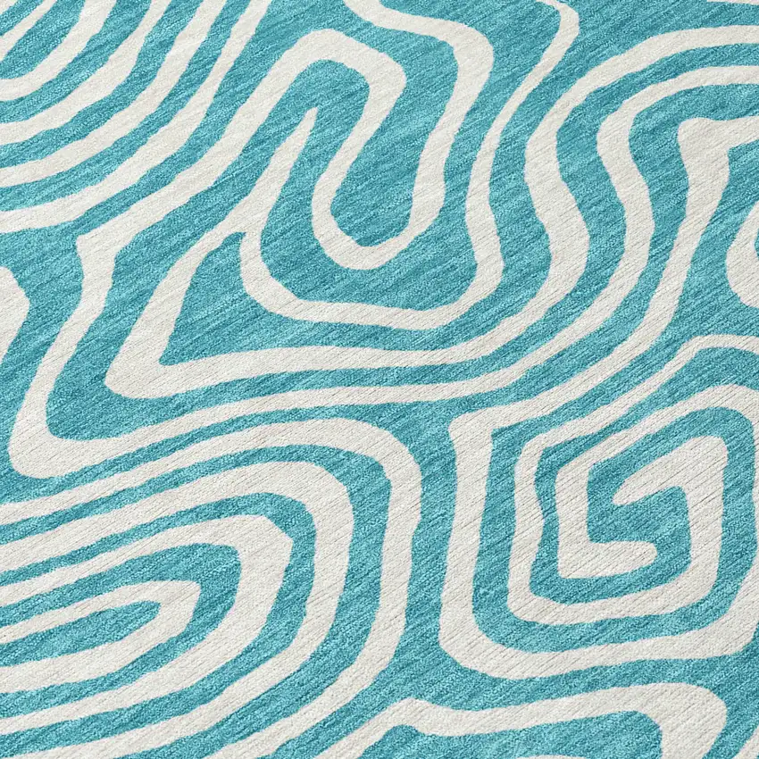 8' Teal Blue And Ivory Round Abstract Washable Indoor Outdoor Area Rug Photo 8