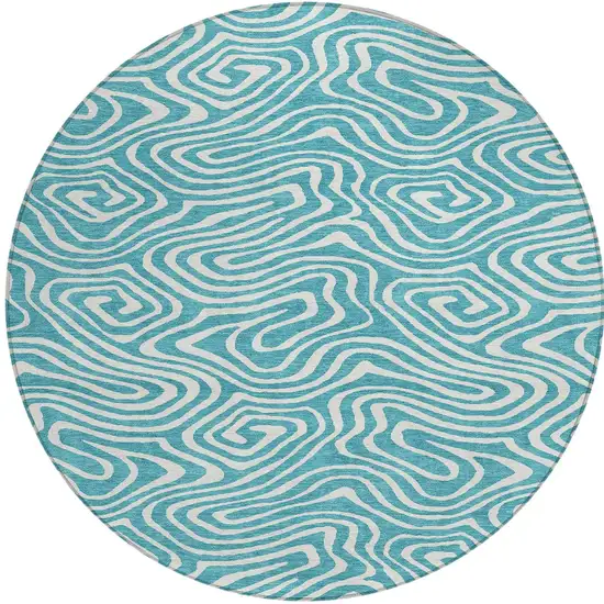 8' Teal Blue And Ivory Round Abstract Washable Indoor Outdoor Area Rug Photo 5