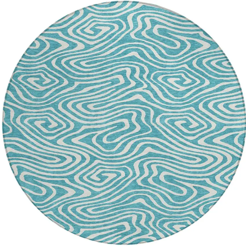 8' Teal Blue And Ivory Round Abstract Washable Indoor Outdoor Area Rug Photo 5