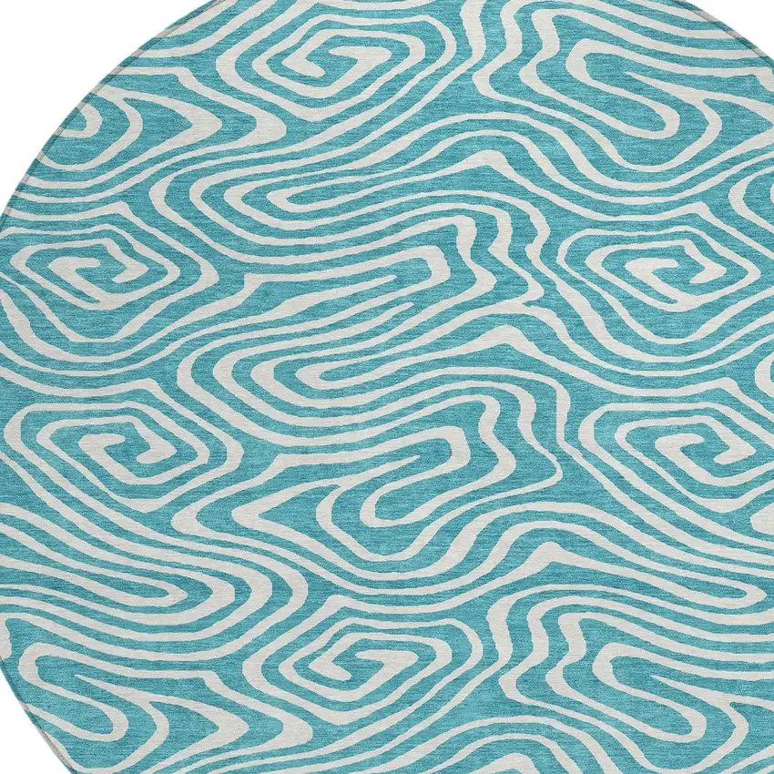8' Teal Blue And Ivory Round Abstract Washable Indoor Outdoor Area Rug Photo 4