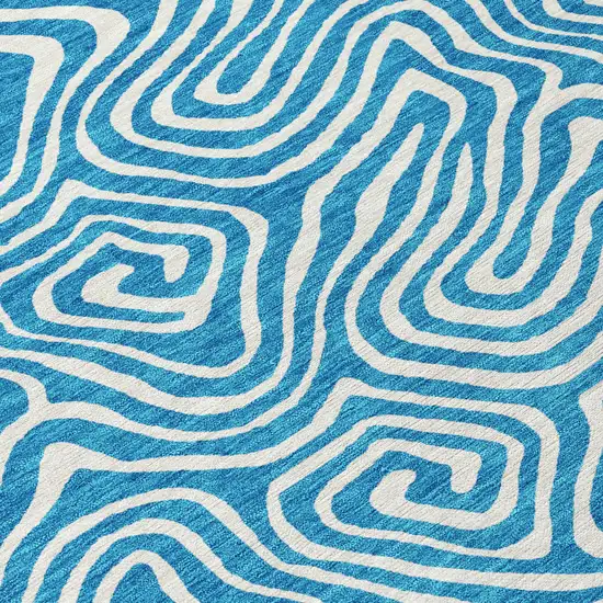 8' Teal Blue And Ivory Round Abstract Washable Indoor Outdoor Area Rug Photo 8