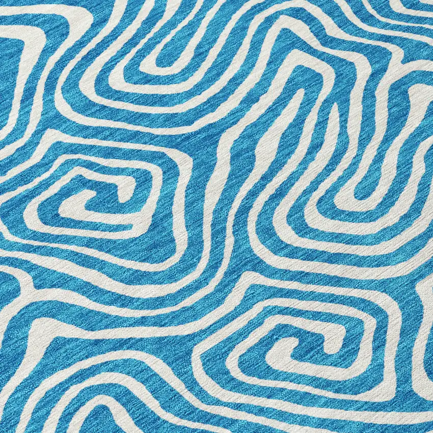 8' Teal Blue And Ivory Round Abstract Washable Indoor Outdoor Area Rug Photo 8