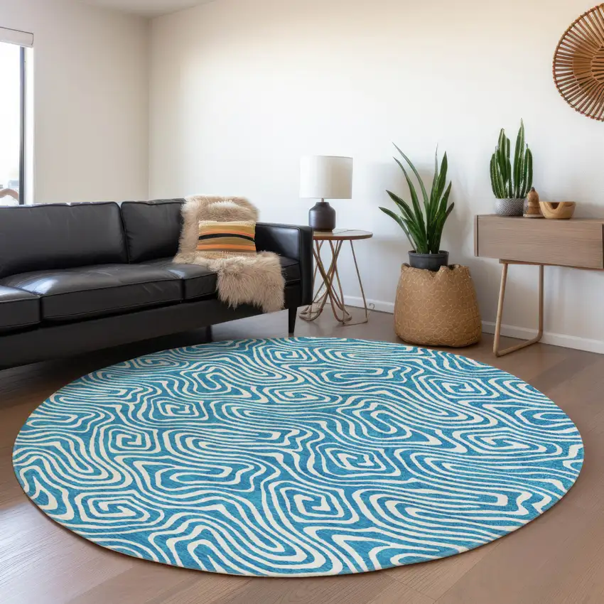 8' Teal Blue And Ivory Round Abstract Washable Indoor Outdoor Area Rug Photo 7