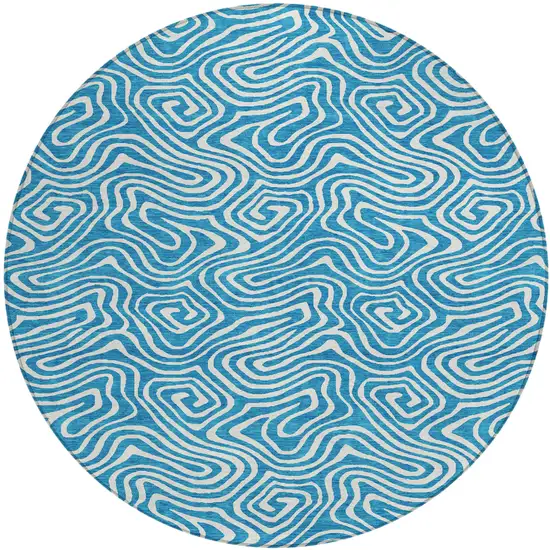 8' Teal Blue And Ivory Round Abstract Washable Indoor Outdoor Area Rug Photo 2