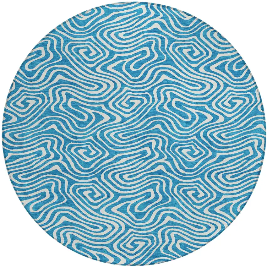 8' Teal Blue And Ivory Round Abstract Washable Indoor Outdoor Area Rug Photo 2