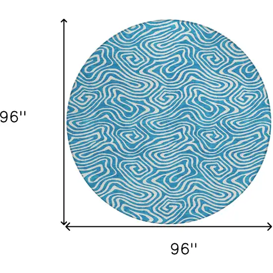 8' Teal Blue And Ivory Round Abstract Washable Indoor Outdoor Area Rug Photo 3