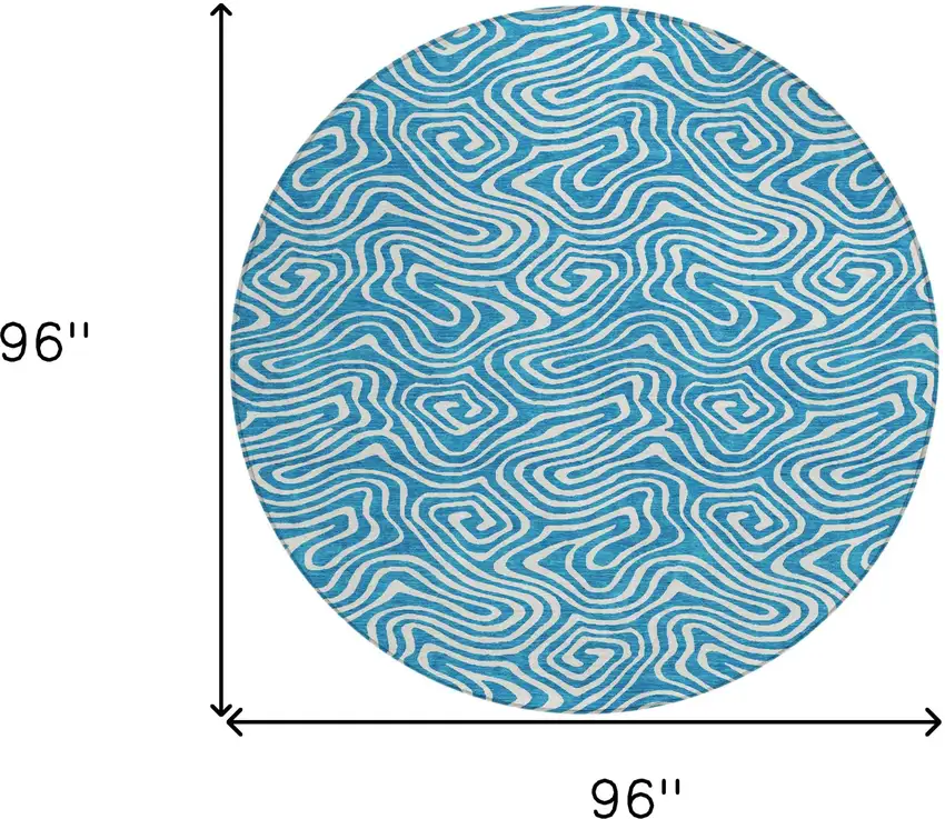 8' Teal Blue And Ivory Round Abstract Washable Indoor Outdoor Area Rug Photo 3