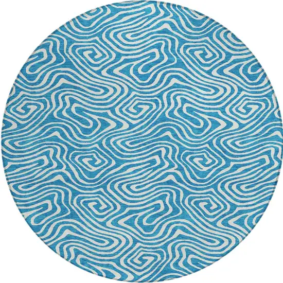 8' Teal Blue And Ivory Round Abstract Washable Indoor Outdoor Area Rug Photo 5